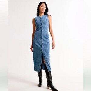 Abercrombie & Fitch Mara Denim High-Neck Vest Button Down Midi Dress  SZ LP NWT